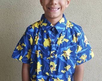 Boys Button Up Short Sleeve Shirt Pokemon Fabric