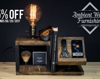 Wood Bedside Utility Storage Box Lamp With Pipe Stand Electronic Docking Station & Apple watch dock charger