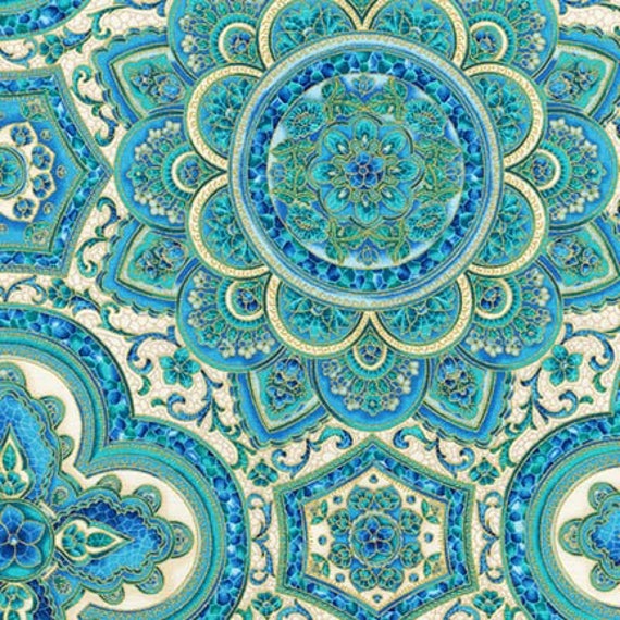 Villa Romana Blue Cotton Fabric / Peacock Fabric / Robert