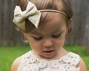 Gold Shimmer Sparkle Cream Hair Bow Nylon Headband or Clip Newborn / Baby / Girls / Adult