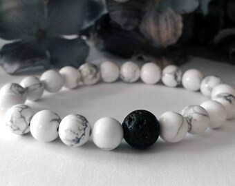 Lokai Style Bracelet, White Howlite Bracelet, Lava Bead Bracelet, Yoga Bracelet, Mens Beaded Bracelet, Gemstone Bracelet, Mala Beads, Men