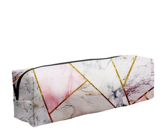 Marble Mix Pencil Pen Case Box Pencilcase School Tools Pocket Cube Cuboid Fullprint Stone Concrete Kintsukuroi Alabaster White Pink Gold