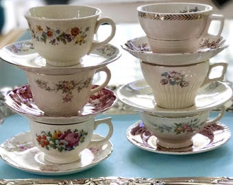 Shabby Chic Decor 6 Mismatched Tea Cups, Vintage China Teacups, Mismatched China, Bridal Shower Tea, Cups for Crafts, Farmhouse Wedding