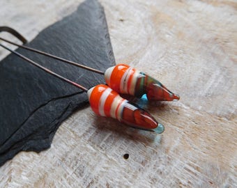 Lampwork headpins, ivory, orange and blue turquoise beads on stems, artisan lampwork, handmade.