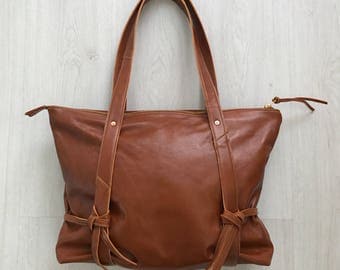 Brown leather shoulder bag, zip tote bag
