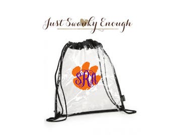 Clear Stadium Bag - Paw with Monogram Bag - Clear Stadium Drawstring - Bag - Clear Event Drawstring Bag - Stadium Approved - Panther - Tiger