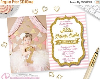 50% OFF SALE Princess Birthday Invitation, First Birthday Invitation, Photo Invitation, Gold Glitter Stripes, Pink and Gold, Gold Glitter,