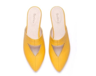 SALE Yellow mules, yellow shoes, women shoes, women yellow shoes, yellow clogs, handmade leather shoes by Burlinca. Lia model.