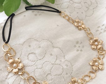 Gold Leaf headband,Pear Flower Headband, Stretchy Headband, Bridal Head Piece/ Bohemian style, Boho Accessories, Wedding Hair Band