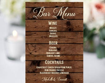 Wedding Bar Sign, Bar Menu Template, Bar Menu Sign, Printable Sign, DIY, Rustic Template, Rustic Bar Menu Sign, YOU EDIT, Template, Rustic