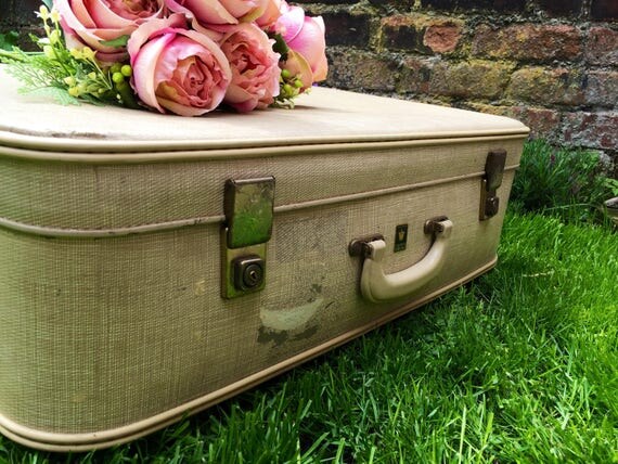 CREAM VINTAGE SUITCASE - Cream Vintage Luggage | Cream Case | Vintage Cream Home Decor | Cream Suitcase | Photography Prop | Cream Decor