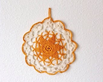 Orange & White Crochet Pot Holder, Retro Kitchen Pot Holder, Boho Hot Pad, Retro Crochet Orange Hot Pad, Kitschy Kitchen, Crochet Pot Holder