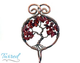Red Garnet and Antiqued Copper Tree of Life Hair Stick (6" Stem)