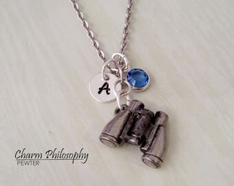 Binoculars Necklace - Nature Inspired Jewelry - Personalized Initial and Birthstone - Antique Silver Pewter Jewelry