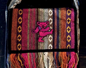 Pink Dancing Bear on Multi Toned Haversack Bag