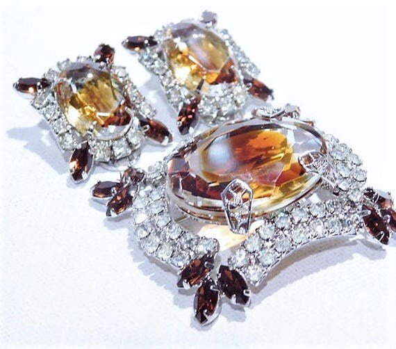 GIVRE Art Glass Rhinestone Brooch Earrings Set / 1950s Mid Century Rhinestone Jewelry / Demi Parure / Autumn Fall Brooch Earrings / Wedding