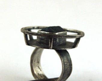 raw apatite silver ring, oxidized silver ring, statement ring, raw stone ring
