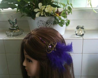 Headband shabby bronze,purpe violet feather,rhinstones,Amethyste,Agate/serre tete en chaine,plume violette,strass,Amethyste,Agate stone