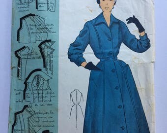 Fabulous 50's french vintage sewing pattern : Woman buttoned dress with collar and pockets - size 16 taille 44 "Patron modele 58502"