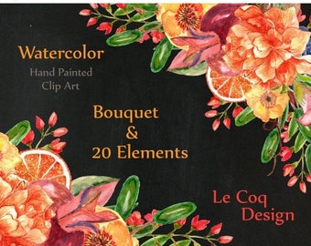 ON SALE 30% Watercolor Winter floral clipart: "WINTER Bouquet" Autum clipart orange flowers Fall clipart diy elements watercolor flowers wed