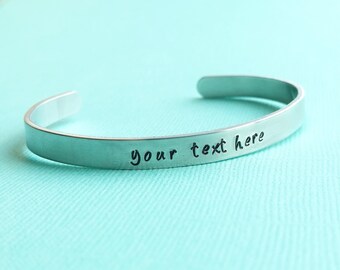 Customized Hand Stamped Bracelet Aluminum Skinny Cuff Bangle Stamped Cuff Personalized Custom Gift For Her Or Him Christmas - 1/4" Wide