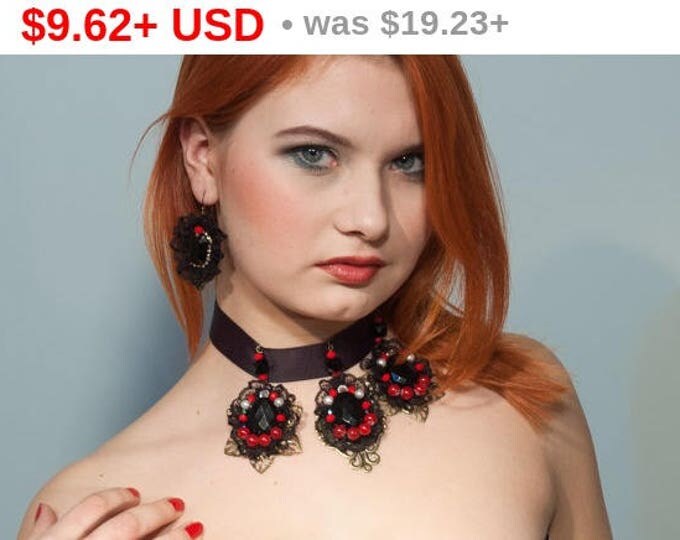 Red black Lace Jewelry Set Necklace Earrings Embroidered Jewelry Bead Work Set Fashion Jewelry Set Black Red filigree baroque choker