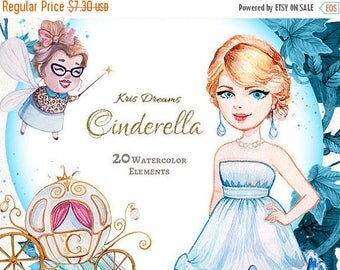 Sale 50% Cinderella Clipart, Watercolor Clipart, Princess Clipart, Pumpkin Carriage Fairy Godmother Mice Scrapbook Fairytale Birthday Invita