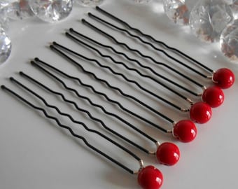 Set of 6 wedding hair pins red passion pearls