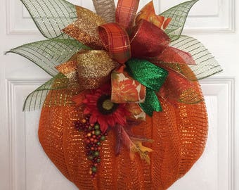 18" x 16" Fall Deco Mesh Orange Pumpkin Wreath with Multi-Color Ribbon Bow & Sunflower Berry Sprig