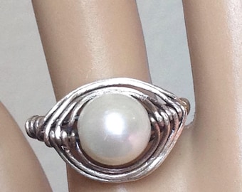 Genuine Freshwater Pearl Antique Sterling Silver Herringbone Wire Wrapped Ring Pearl Ring Antique Sterling Silver Ring Freshwater Pearl