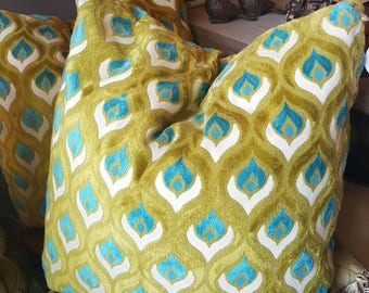 Aqua and Lime Throw Pillows - Down Filled - Raised Chenille - Jewel Tones - Elegant Pillows - Fun Pillows - Bright Pillows