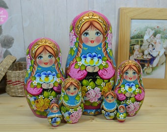 Nesting dolls, Russian matryoshka, Granddaughter gift, Hand painted art doll, Girl birthday gift ideas, Wooden babushka in golden crown