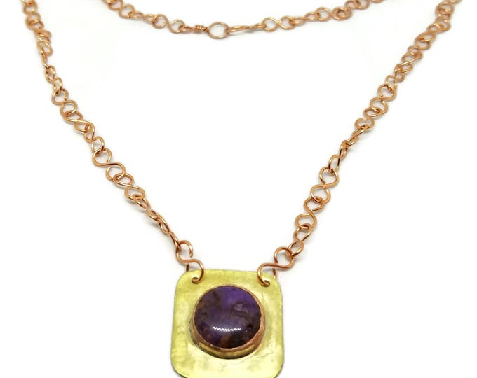 Purple Crazy Lace Agate Pendant, Mixed Metal Agate Necklace, Copper & Brass Gemstone Pendant, Unique Birthday Gift