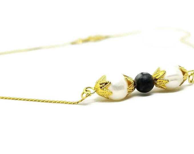 Yellow Gold Freshwater Pearl Necklace, Blackstone and Pearl Necklace, 22k Gold Plated Necklace, Unique Birthday Gift, Gift for Her