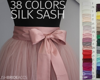 Silk Sash, Silk Satin Bow Tulle Skirt Matching 38 Colors of Silk Blush Pink Blue Green White Ivory Yellow Purple Lavender