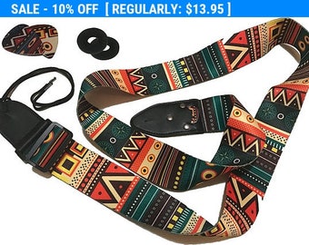 Aztec Guitar Strap - Vintage Colors Guitar Belt Set Includes 2 Strap and 2 Picks. Adjustable Polyester Guitar Strap - Gift For Guitar Player