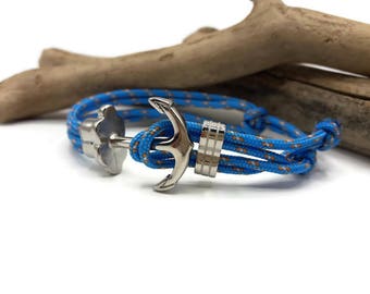 Bracelet Homme Ancre acier inoxydable - Bracelet cordon paracord bleu- Cadeau homme -Ajustable -Bijoux unique createur