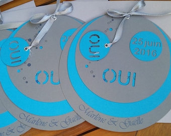 Round Turquoise Silver grey wedding invitation