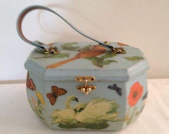 Anniversary Sale Vintage Robins Egg Blue Wooden Cardinal/Bird Decoupage Purse
