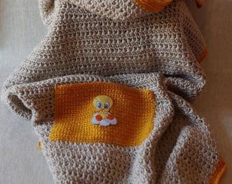 Crochet baby blanket, plaid, bedspread, courte-pointe, handmade, French wool, Bébé Nuage (Baby Cloud)