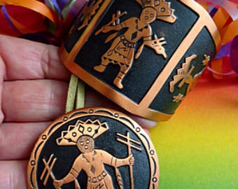 Beautiful authentic vintage red brass set from Mexico, Years 60