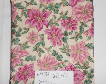 Fabric - 24" piece-Christmas/Xmas/Winter-Pink/Rose/Mauve Poinsettias/Cream Background/Gold Metallic/holly leaves & berries (#1938) Hoffman