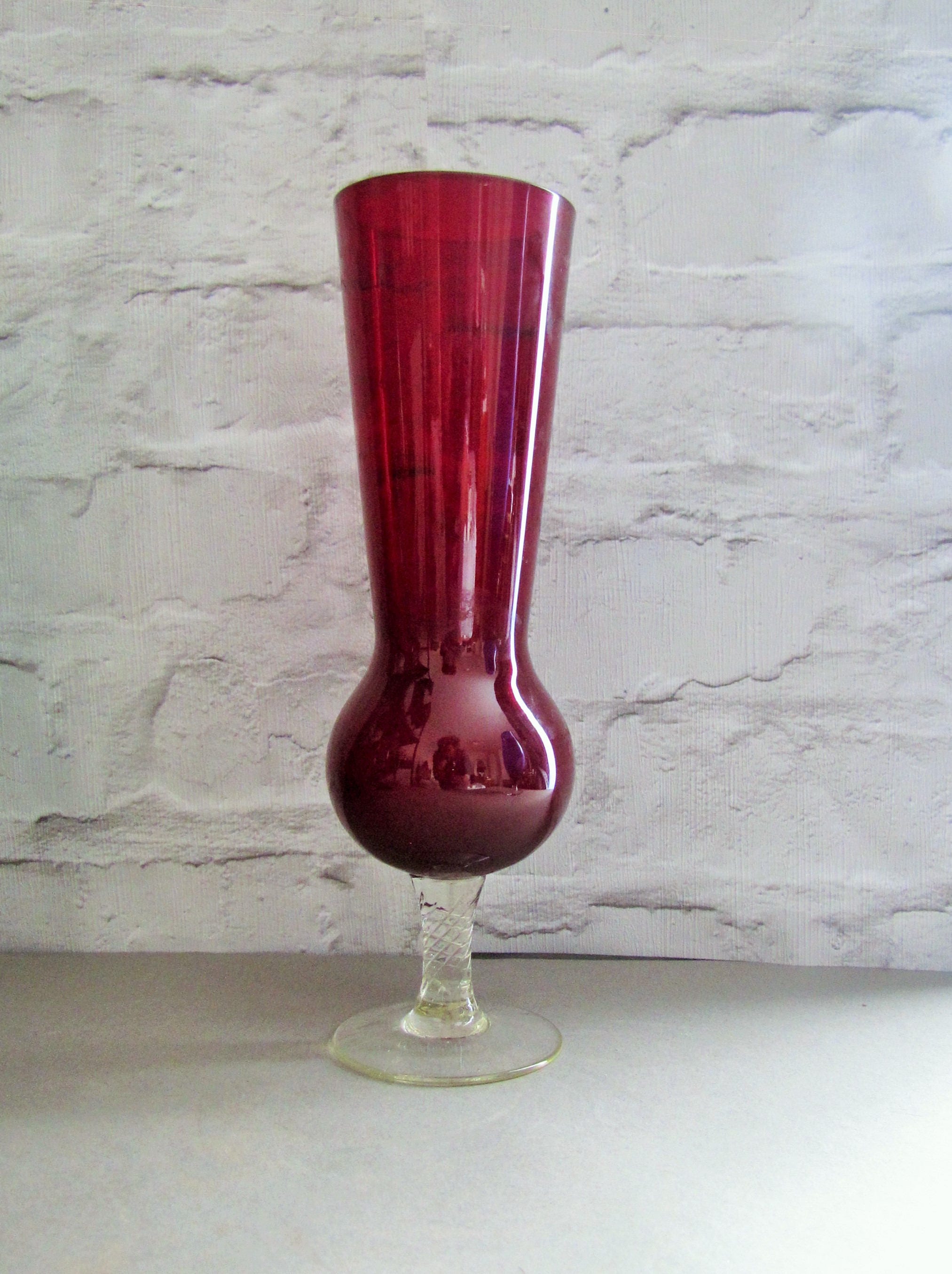 Vintage Red Stem Vase Mid Century Italian Glass Vase Retro