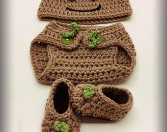 Baby Groot Hat, Diaper Cover, and Booties/Newborn