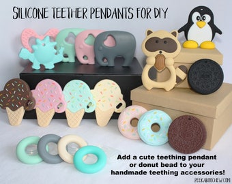Silicone Teether Pendants for DIY Handcrafted Teething Accessories Toys Chew Ice cream Donut Elephant Cookie Raccoon Dinosaur Biscuit Rings