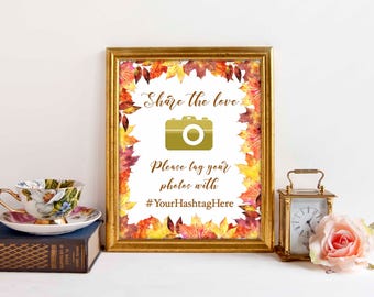 Share the Love Baby Shower Signs, Autumn Leaves, Orange Brown Maple Leaves,, Social Media sign, Hashtag sign, Editable PDF, Printable
