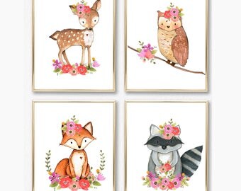 Girl Woodland Nursery Print Set. Girl Wall Art. Baby Girl. Floral Woodland Animals. Animal Wall Art. Nursery Printable. Fox Deer Owl Raccoon