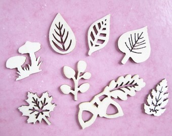 32 figurines décoratives en bois - FEUILLES