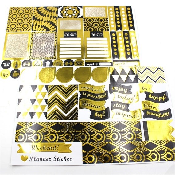 2 x Sheets Black & Gold Foil Stickers Planner Kit Stickers