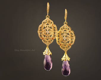 Amethyst Earrings With Gold Plated Components Teardrop Gemstone Drop Briolette Purple Earrings Gemstone Jewelry